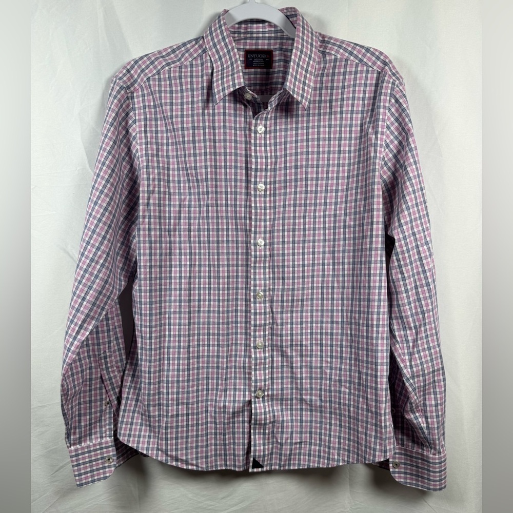 UNTUCKit Men's Long Sleeve Button Up Pink and Blue Plaid Shirt M